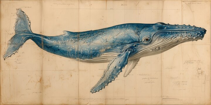 Vintage humpback whale illustration on antique nautical map