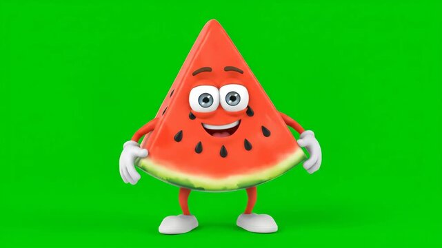 Happy Watermelon Slice Cartoon Dancing - A cheerful cartoon watermelon slice with arms and legs smiles and dances against a green screen background.