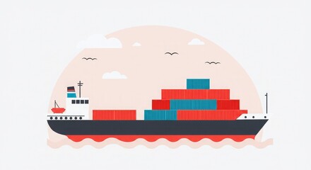 Obraz premium Illustration of a cargo ship carrying containers on the ocean, transporting goods globally.
