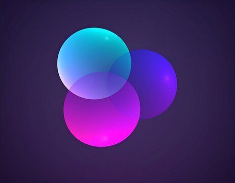 Three translucent spheres overlap, exhibiting vibrant gradients of pink, blue, and purple against a dark background