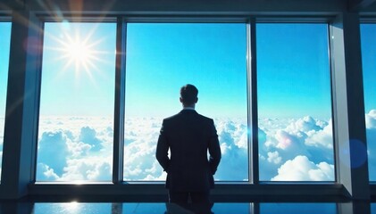 A visionary CEO gazes out a panoramic window, contemplating the limitless potential of a bright blue sky, symbolizing ambition and future success for their company , bright, progress
