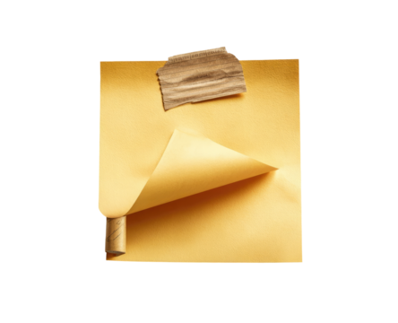 A pale yellow note, partly folded back, with brown tape
