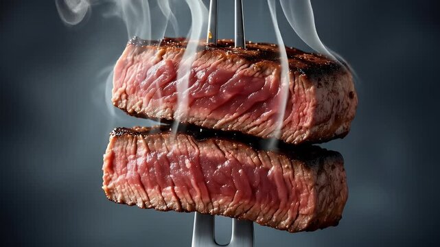 Two juicy grilled steak cuts stacked on a fork, steaming hot with smoke rising against a dark moody background