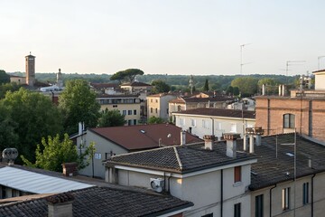 Rooftop view of a european town with a tall tower