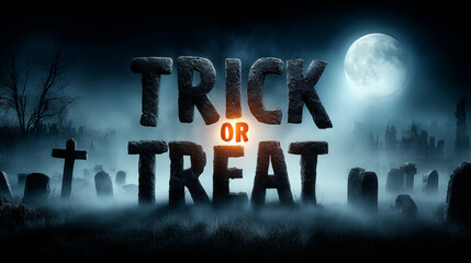 Spooky glowing “Trick or Treat” text floating in a foggy graveyard with tombstones under a haunting full moon.