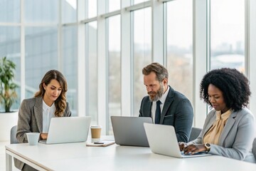 Diverse Business Professionals Collaborating on Laptops in a Bright, Modern Office Setting