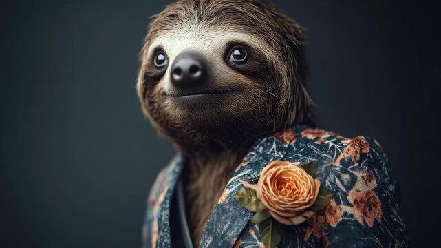 A charming slow loris elegantly dressed in a floral suit with a flower boutonniere, exuding an air of style and sophistication.