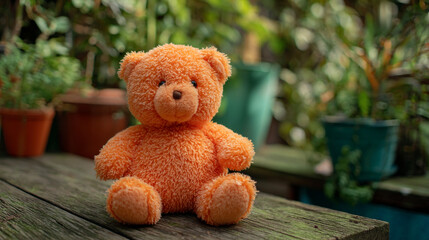Obraz premium Soft orange teddy bear sitting on a wooden table surrounded by green plants