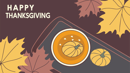 Vector art of happy thanksgiving message with pumpkins and autumn leaves on a brown background