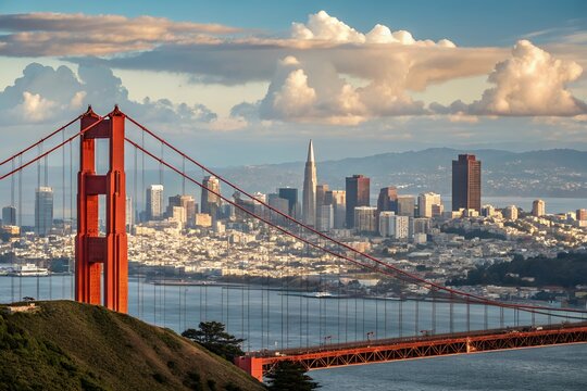 Golden gate bridge and san francisco skyline under a dramatic sky - Powered by Adobe