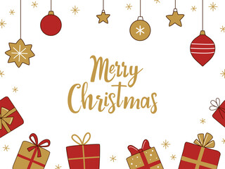 Fototapeta premium Christmas frame with cartoon gifts and baubles on white background. Christmas and New Year border. Merry Christmas lettering. Holiday decoration for greeting cards, invitations and festive design.