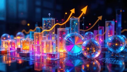 Obraz premium Abstract cityscape with glowing structures, rising arrows, and transparent spheres, representing growth and data.