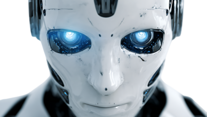 Close-up portrait of a futuristic ai robot with intense glowing blue eyes