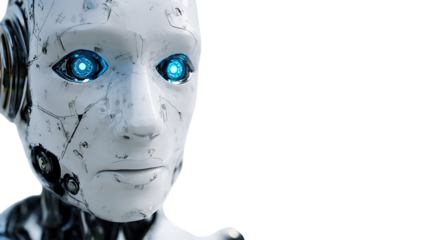 Close up portrait of a futuristic humanoid ai robot with intense glowing blue eyes