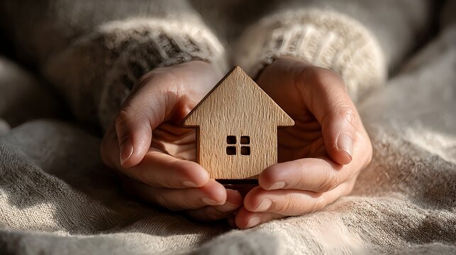 Close-up of elderly hands in a knitted sweater gently holding a small wooden house, symbolizing care, safety, and family belonging during National Adoption Month. Image created by AI.