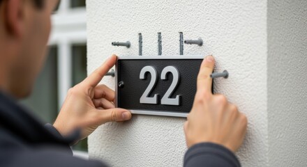 Overtheshoulder perspective showing the alignment of a house number plaque with anchors before final wall installation.