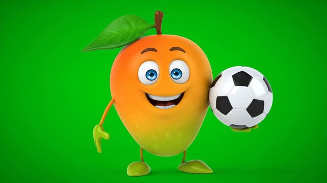 Happy Mango Mascot Holding Soccer Ball - A cheerful cartoon mango character with arms and legs smiles while holding a soccer ball against a green screen.