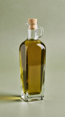 Glass bottle of olive oil with cork on green background pure minimal healthy kitchen scene
