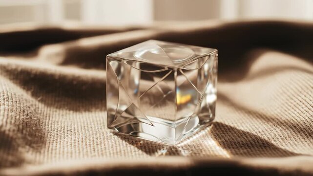 Elegant square glass perfume bottle sits on soft brown fabric with subtle light, a luxurious aesthetic.
