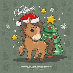 Merry Christmas With Horse Santa Claus And Christmas Tree On Green Background, Vector Cartoon Illustration