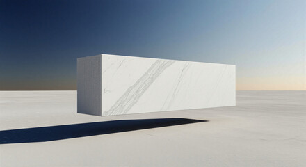 Minimalist white marble block floating against sky