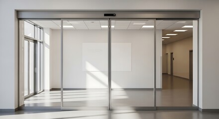 Automatic sliding glass doors in a modern building hallway with bright daylight.