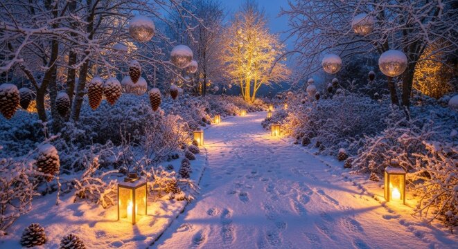 Enchanting winter wonderland path illuminated by lanterns and glowing orbs - Powered by Adobe