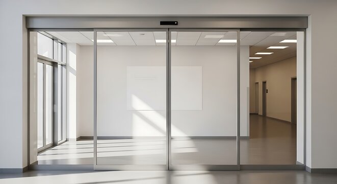 Automatic sliding glass doors in a modern building hallway with bright daylight. - Powered by Adobe