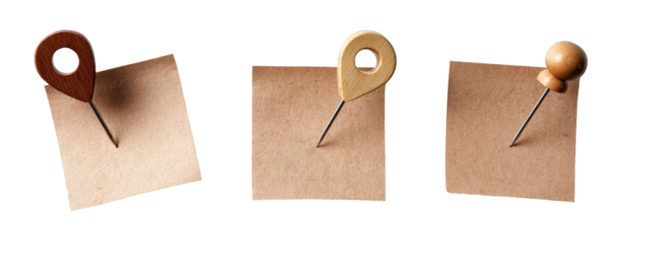 Three light beige rectangular pieces of paper, each with a light brown pushpin