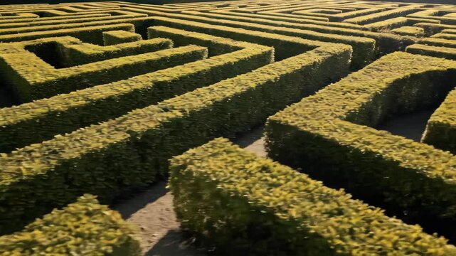 Aerial view of a verdant hedge maze or labyrinth, perfect for a landscaping or challenge concept, with geometric design and natural textures.