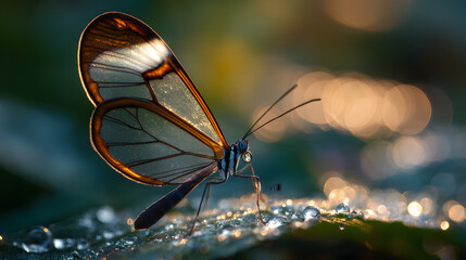 A butterfly with transparent wings glowing in backlight, perched on a dewdrop-covered leaf