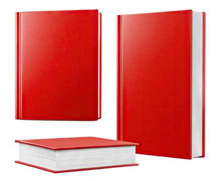 Three red books, one atop another, showcasing book covers and interior pages
