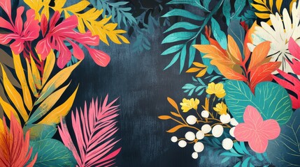 Vibrant and colorful tropical leaves and flowers arranged in a decorative pattern against a dark, textured background