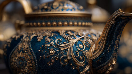 Fototapeta premium Decorative teapot with intricate detailing in rich blue and gold hues displayed in a market setting