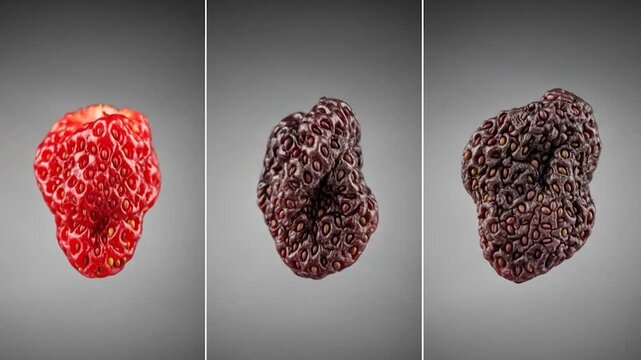 Time-lapse of a fresh strawberry drying and shriveling on a grey background