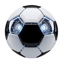 Futuristic glowing soccer ball with intricate circuits, ideal for sports tech innovation, e-sports marketing, AI in football, gaming apps, and digital championship promotions,
