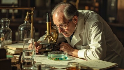 Historic Discovery: Focused Scientist Examining Mold, Evoking Penicillin's Genesis.
A meticulously crafted, cinematic photograph capturing a pivotal moment of scientific inquiry, reminiscent of Alexan