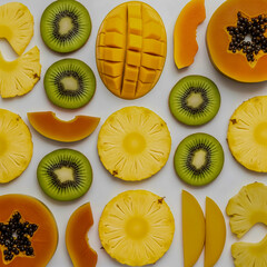 A vibrant overhead flat lay of sliced tropical fruits including kiwi, mango, papaya, and pineapple