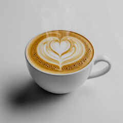 A closeup of a steaming cup of cappuccino with latte art in the shape of a heart