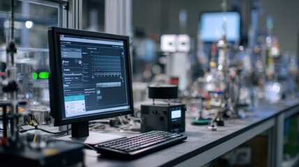 Medium shot of an experimental setup with a computer showing LLM output watermark analytics screen details in focus lab instruments softly blurred behind.