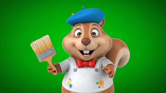 Cartoon Squirrel Painter Mascot - A cheerful cartoon squirrel, dressed as a painter with a beret and paint-splattered overalls, holds a paintbrush against a green screen.