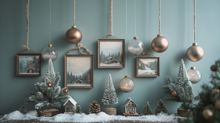 Scandinavian minimalistic Christmas decorations. Christmas balls, houses and photo frames. Beautiful postcards