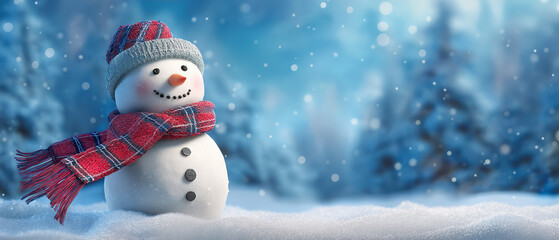 Fototapeta premium a snowman with sparkling lights and red and white scarf stands in the white snowy field, forest background