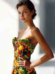 A young woman in a dress made of fruits and vegetables. The image symbolizes the connection between health, nutrition, and natural beauty.