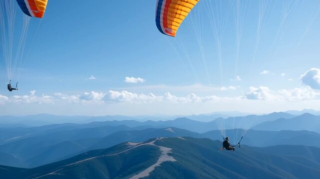Person enjoying thrilling experience of parasailing with two colorful paragliders above water