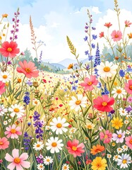 A vibrant meadow bursts with colorful wildflowers under a sunny sky, showcasing a profusion of cosmos, daisies, and other blossoms against a backdrop of rolling hills.
