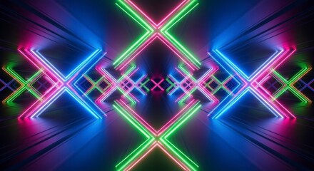 Obraz premium A vibrant neon tunnel design showcases a symmetrical pattern of crisscrossing bright lights, creating a captivating and futuristic space.