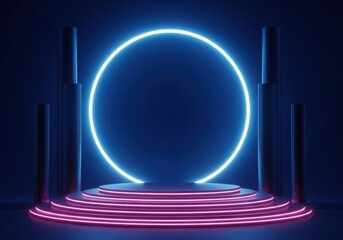 Futuristic neon oval portal on a circular stage