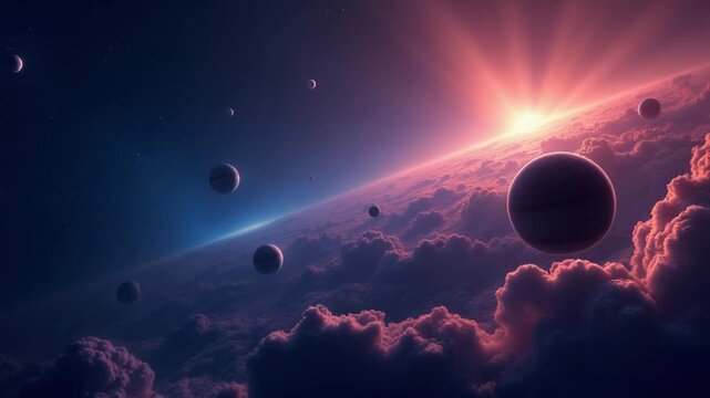 Abstract cosmic background with asteroids and glowing stars