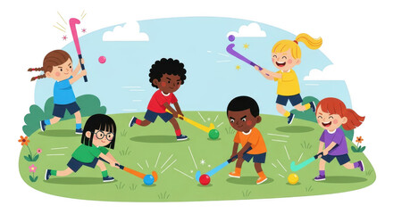 Diverse group of children enjoying outdoor summer sports and games together playing ball